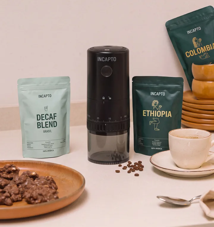 Single-origin coffee beans with an electric grinder