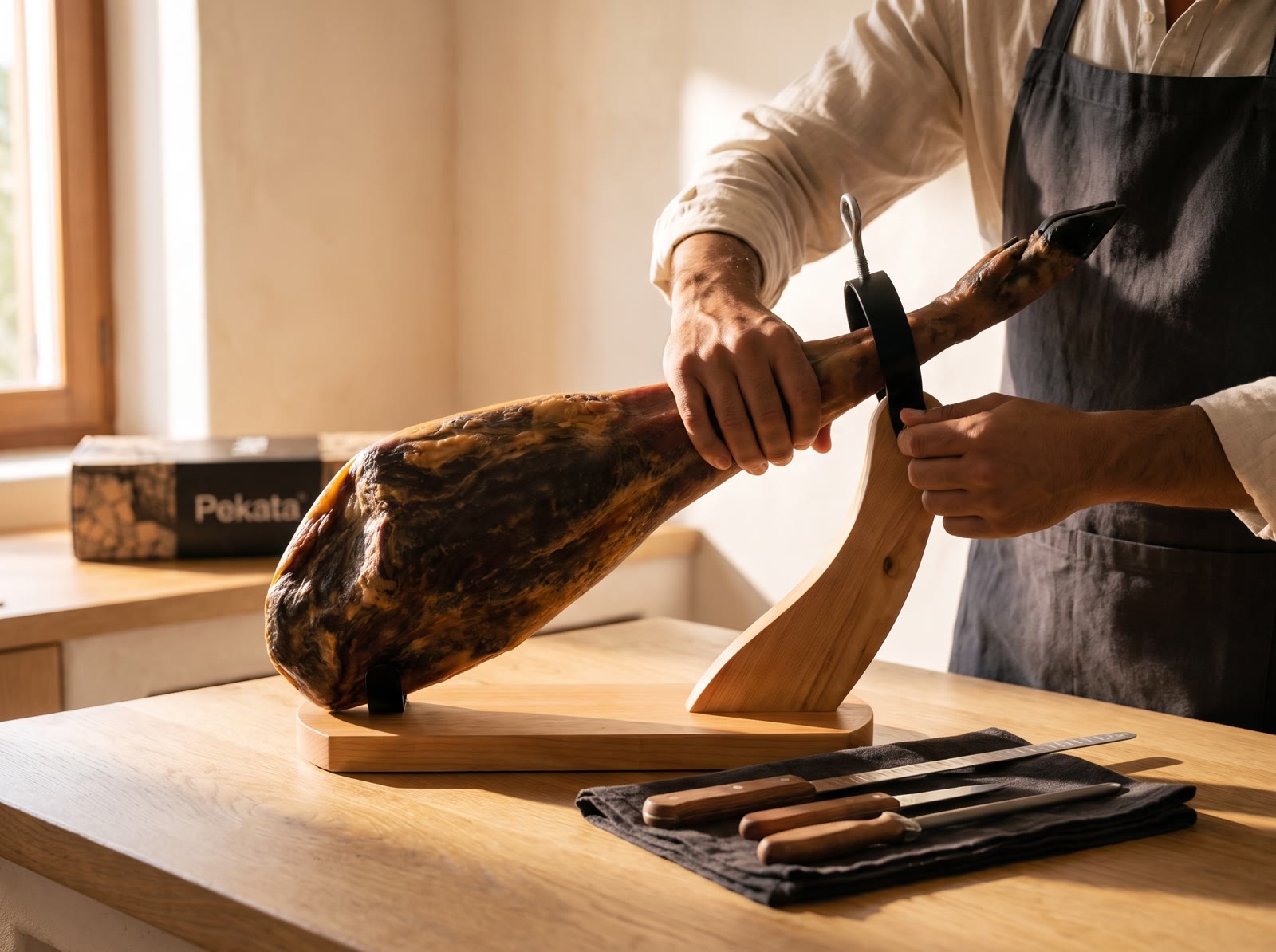 Handen die de ham aan de klem van de houder bevestigen