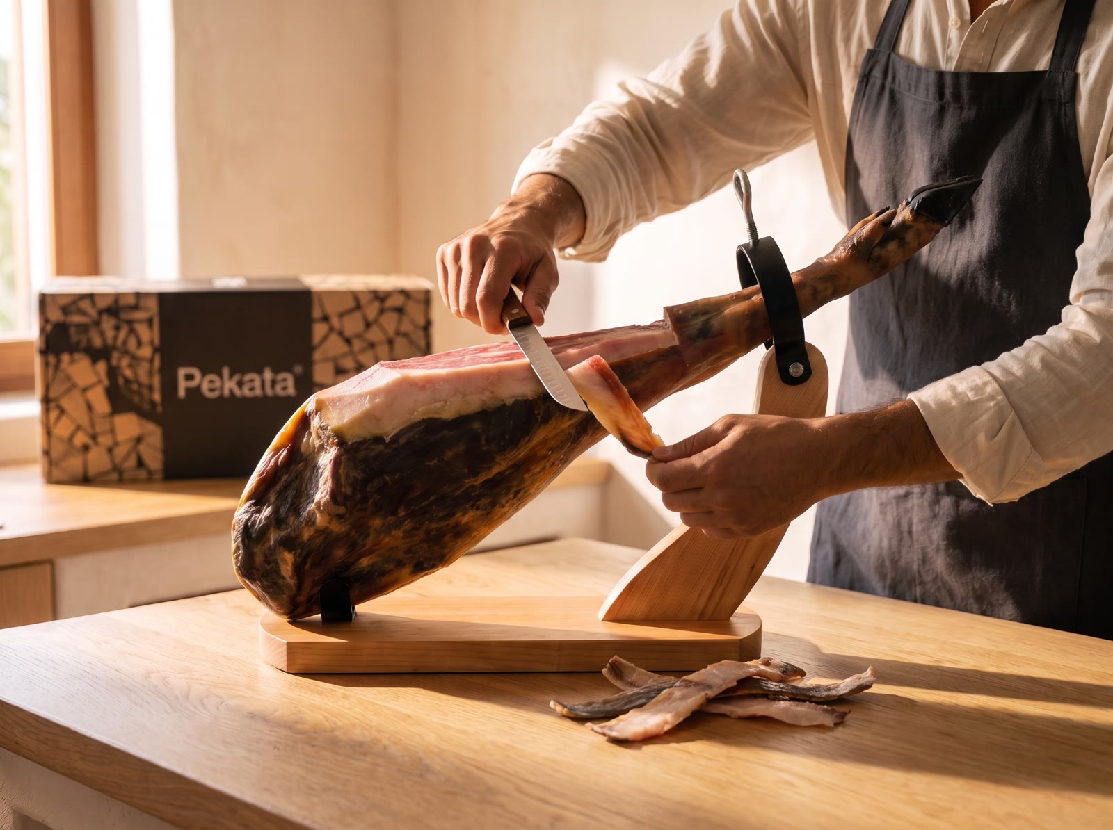 De korst en het buitenste vet van de ham verwijderen met de punt
