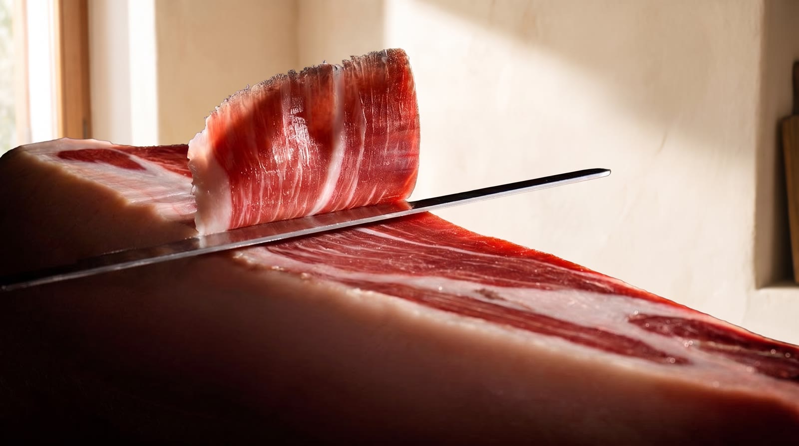 Een flinterdun plakje ibericoham dat rechtop staat op het mes, vers gesneden