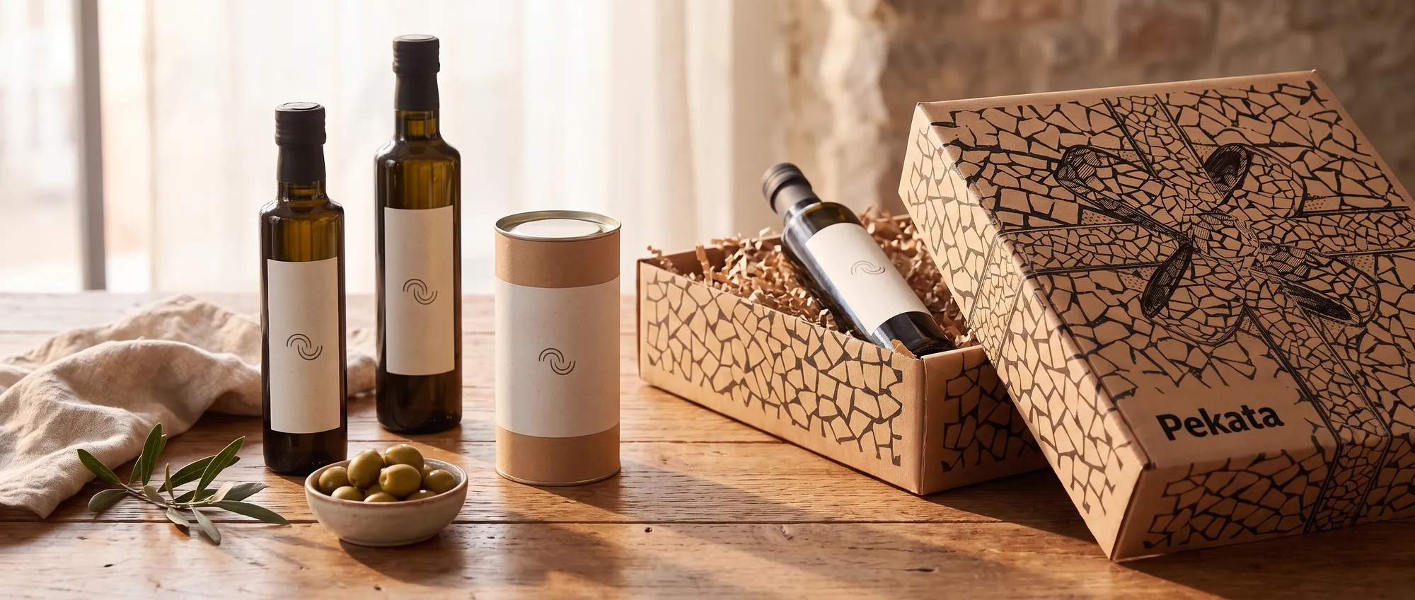 Bouteilles d'huile d'olive extra vierge avec étiquette personnalisée au logo d'une entreprise