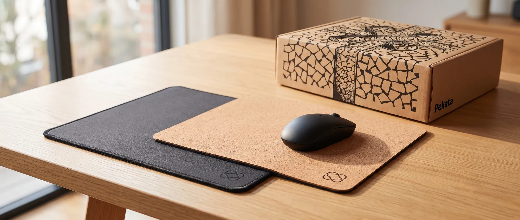 Custom mouse mat with a company logo on an office desk