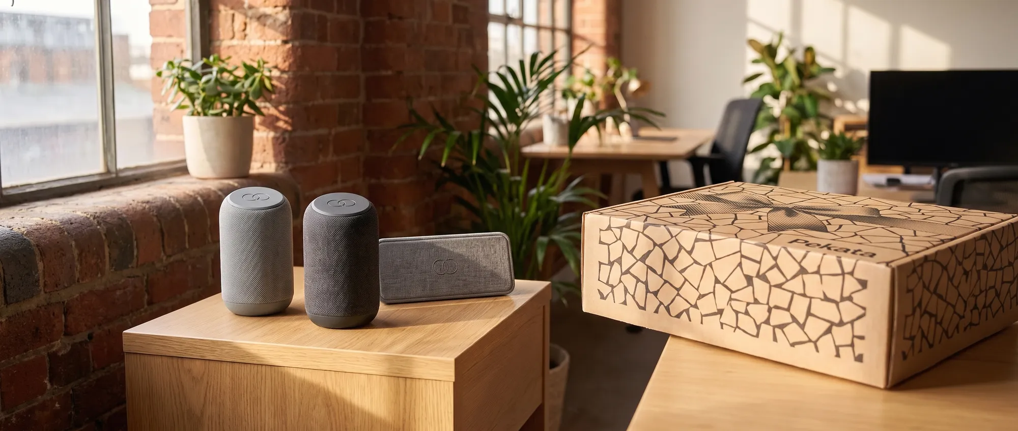 Compacte bluetooth-luidspreker van grijze stof met bedrijfslogo op de behuizing
