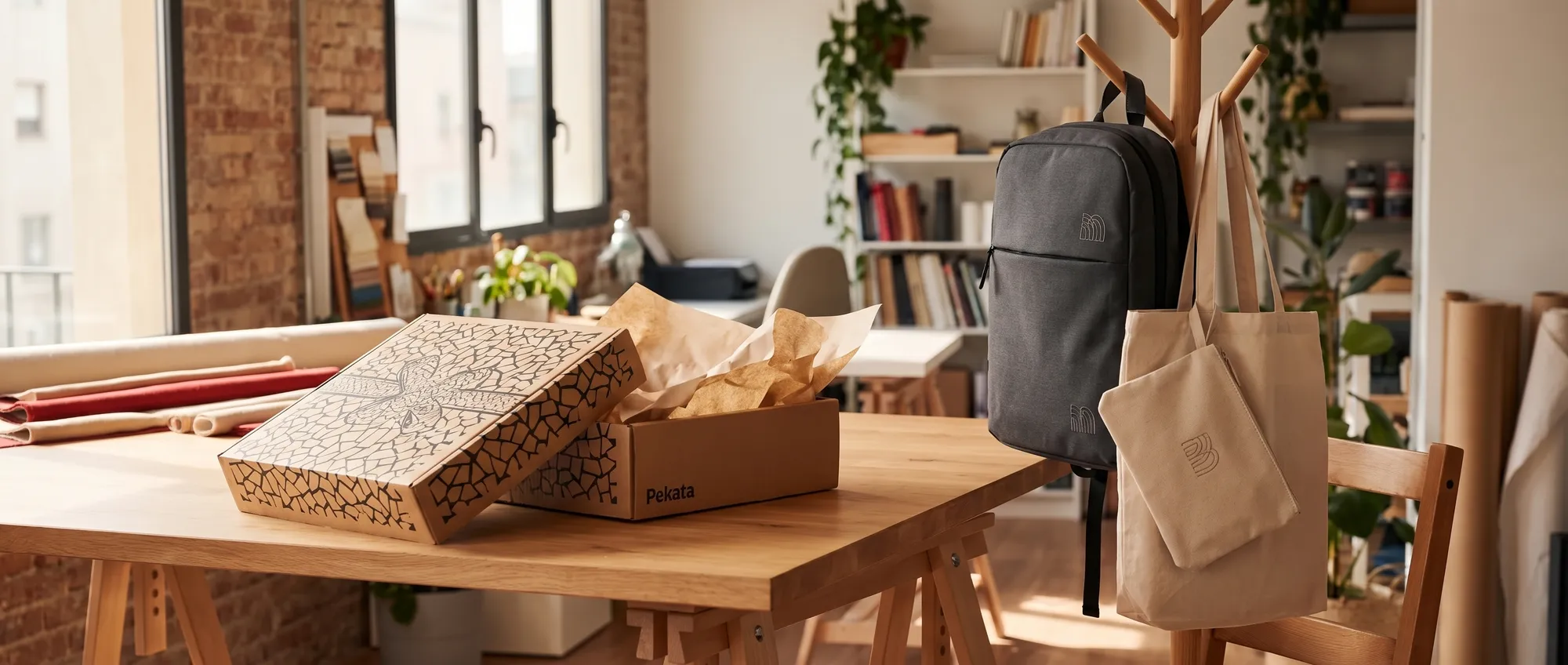 Sac à dos pour ordinateur portable, tote bag et trousse avec le logo brodé accrochés dans un bureau, avec une boîte Pekata sur la table