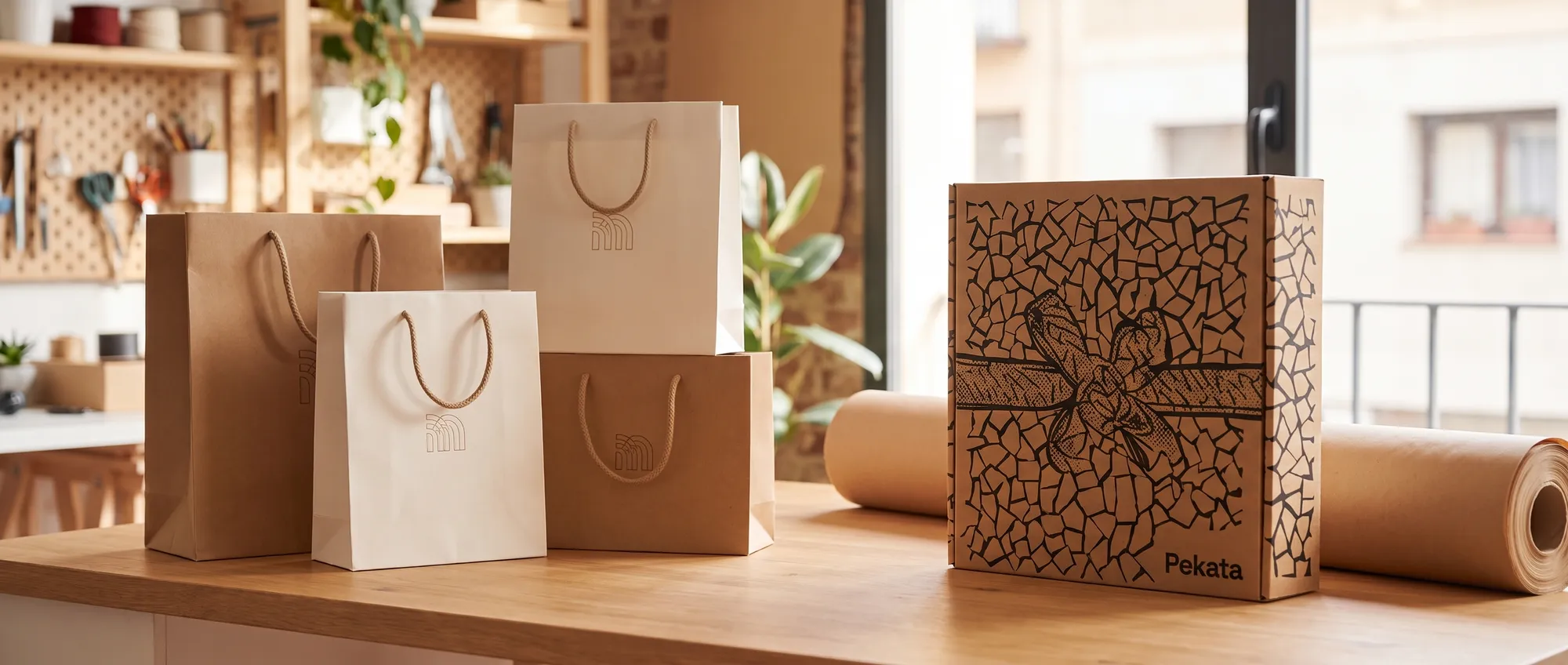 Kraft paper bags with cord handles customised with a company logo