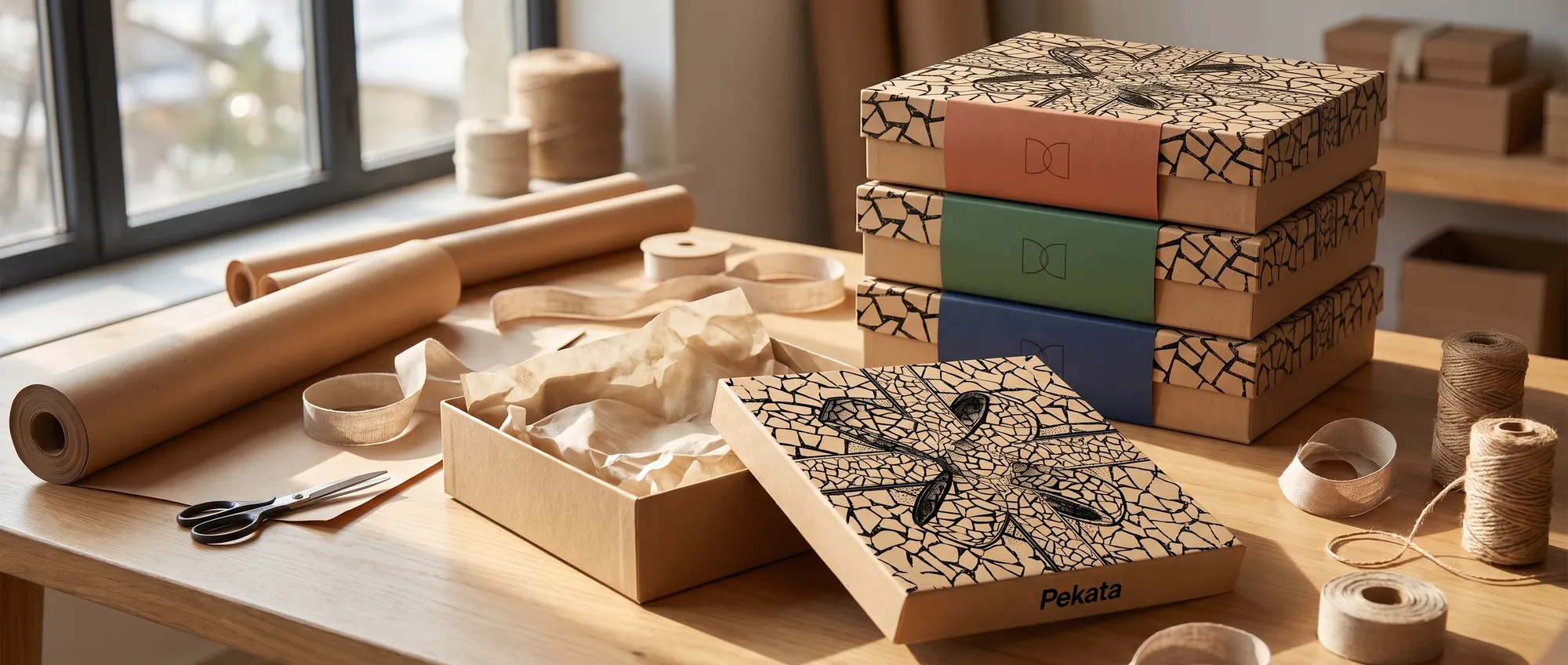 Pekata boxes with client logos on bands in various colours, stacked on a packing table, one open with tissue paper