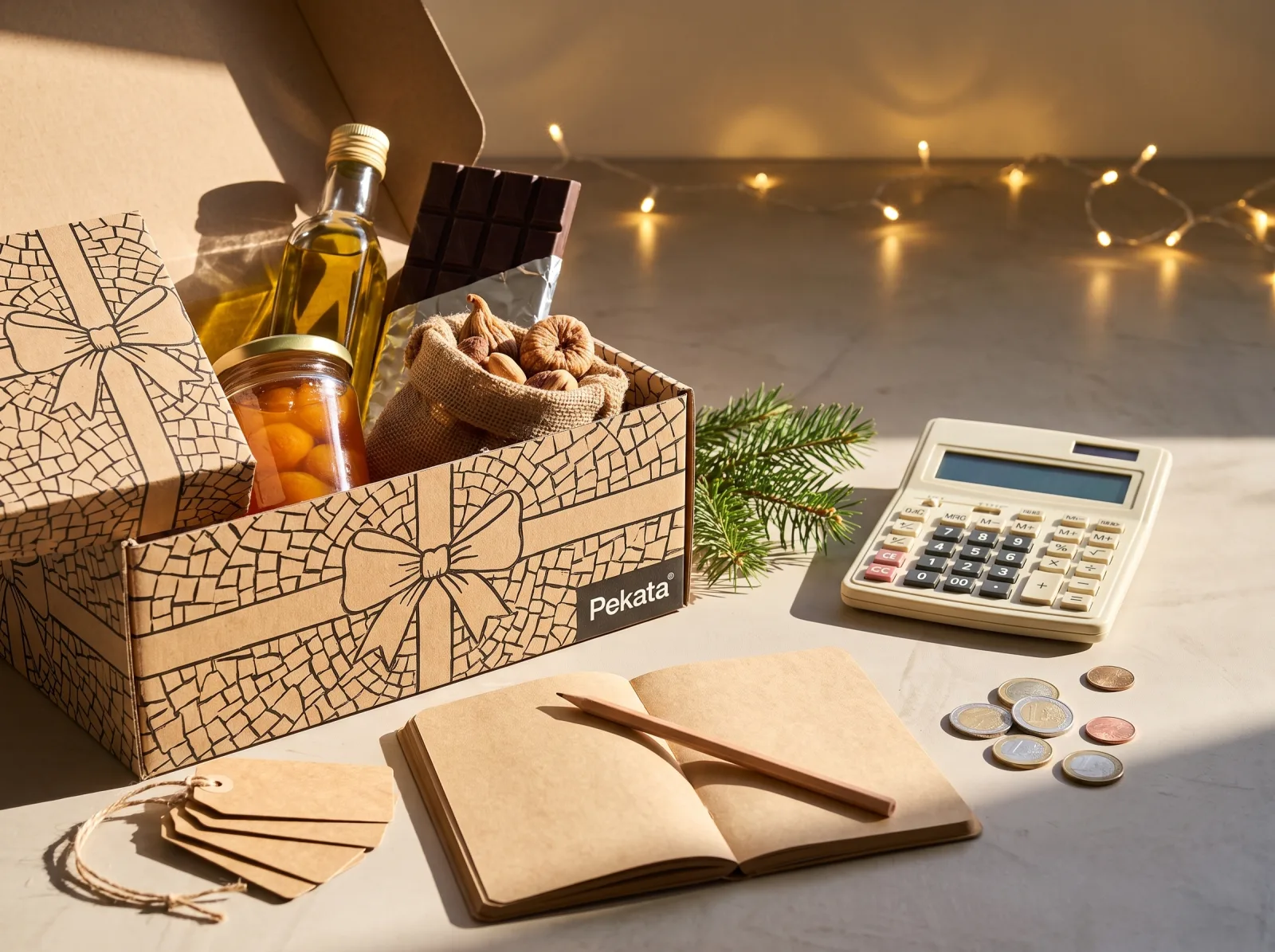 Open Pekata kerstpakket naast een rekenmachine, een notitieboekje en blanco prijskaartjes