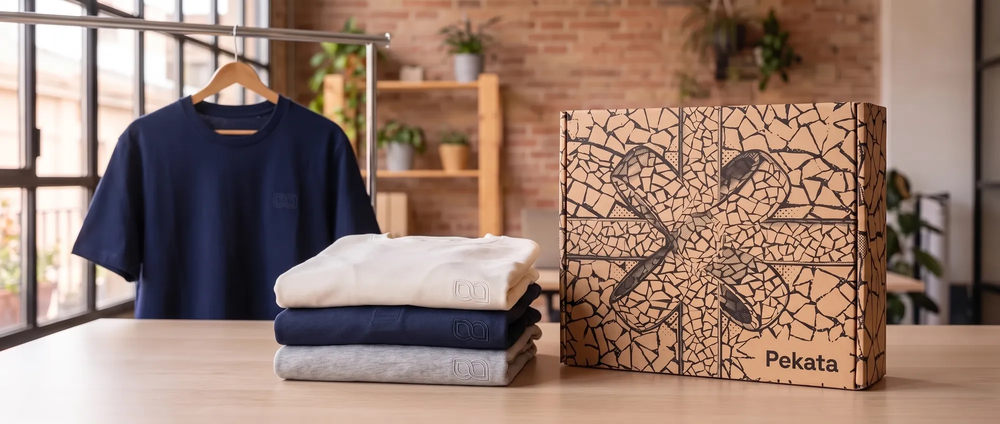 Premium bedrijfst-shirts gevouwen en één op een hanger met een klein logo op de borst, naast een Pekata-doos