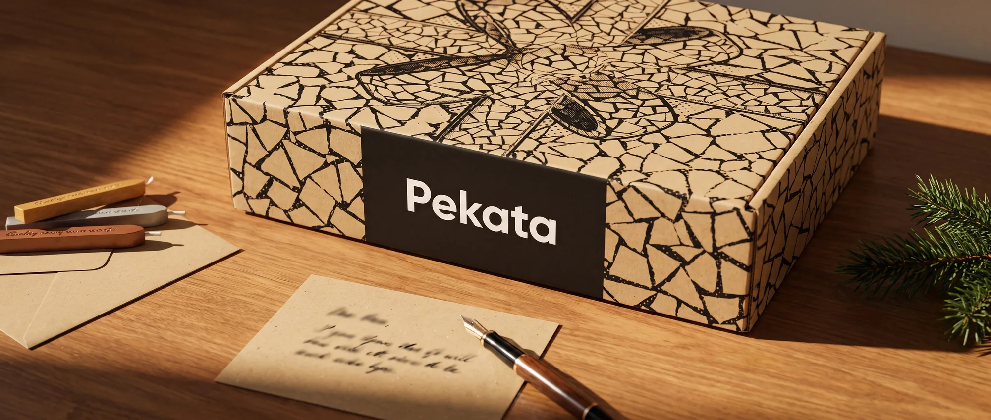 Plume sur une carte kraft à côté d'une enveloppe et d'un colis de Noël Pekata avec motif trencadís