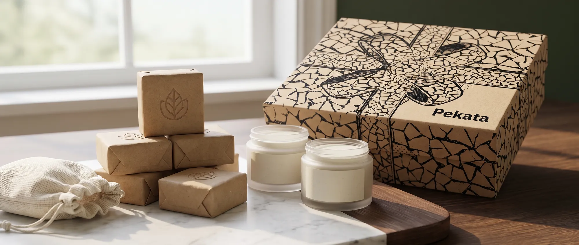 Artisan soap bar and hand cream with a personalised label featuring a company logo