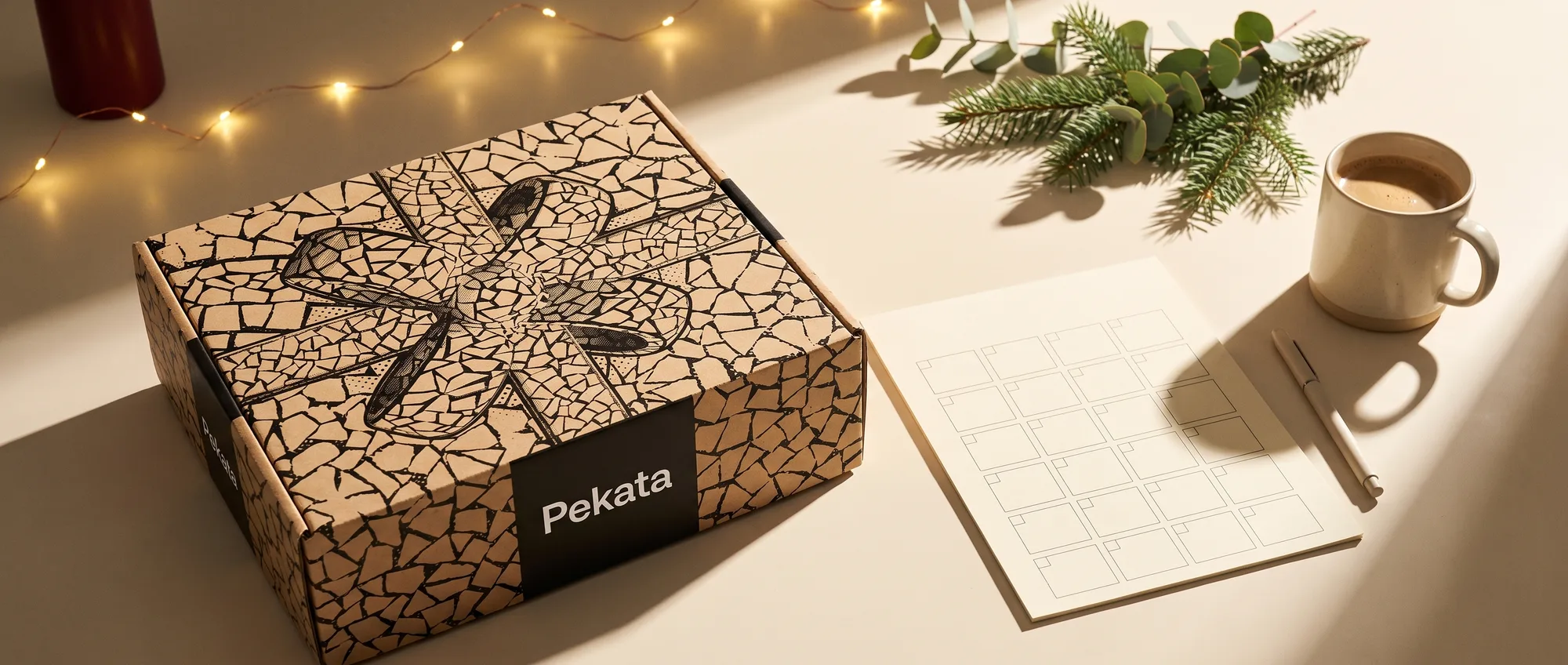 Boîte de Noël Pekata sur un bureau à côté d'un calendrier mural et d'une tasse de café