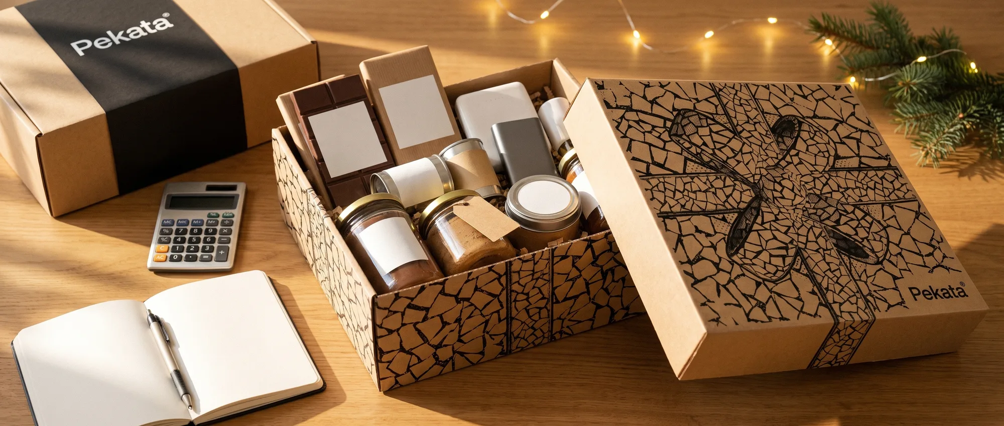 Open Pekata kerstpakketdoos naast een rekenmachine en een notitieboekje op een houten bureau