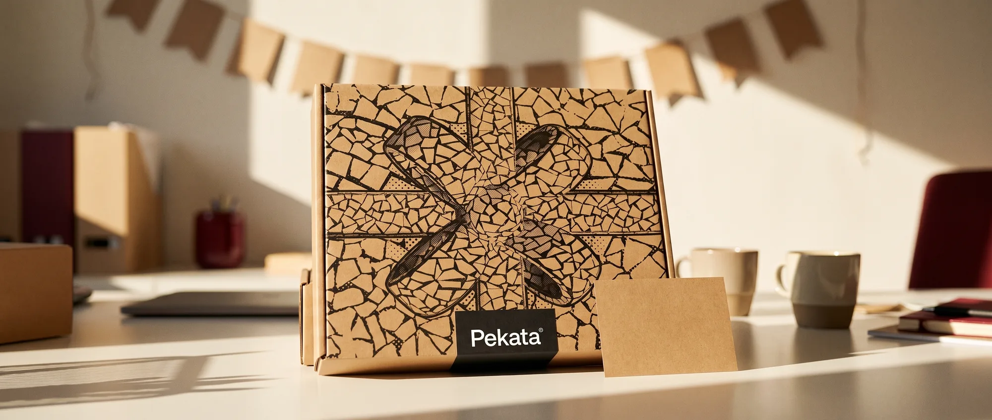 Boîte cadeau Pekata avec motif trencadís sur un bureau avec une guirlande en papier floue en arrière-plan
