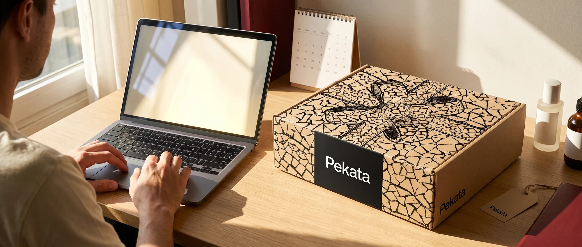 Persoon die zijn cadeau kiest op het selectiescherm van Pekata op een laptop, naast een gesloten Pekata-doos