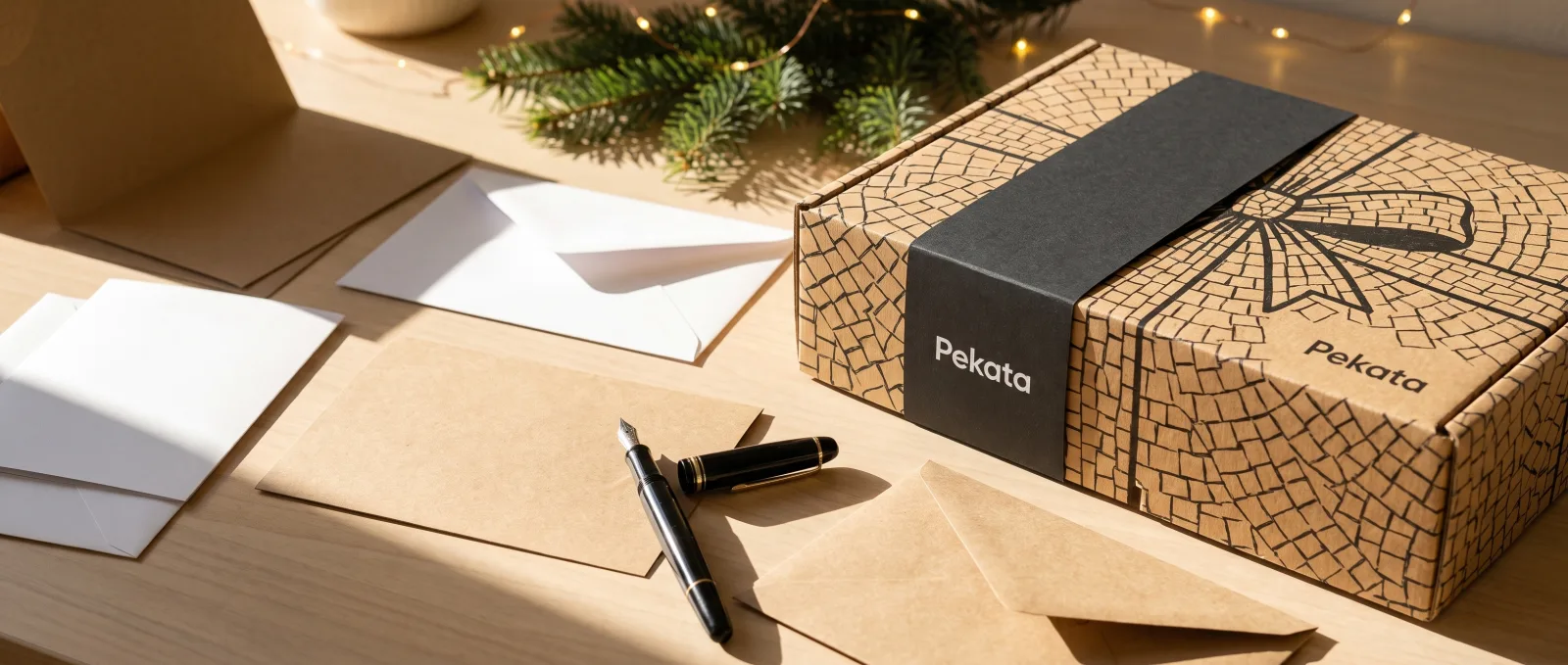 Blanco kraftkaarten en een pen naast een Pekata kerstpakket, klaar om de boodschap te schrijven