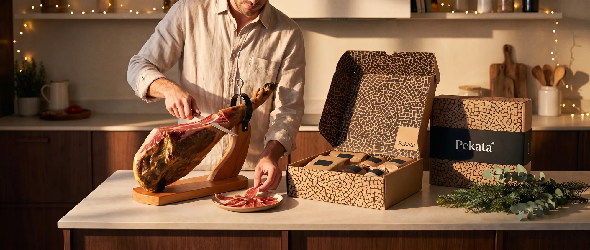 Personne coupant un jambon à côté d'une boîte de colis de Noël Pekata ouverte avec des délices emballés dans du papier kraft