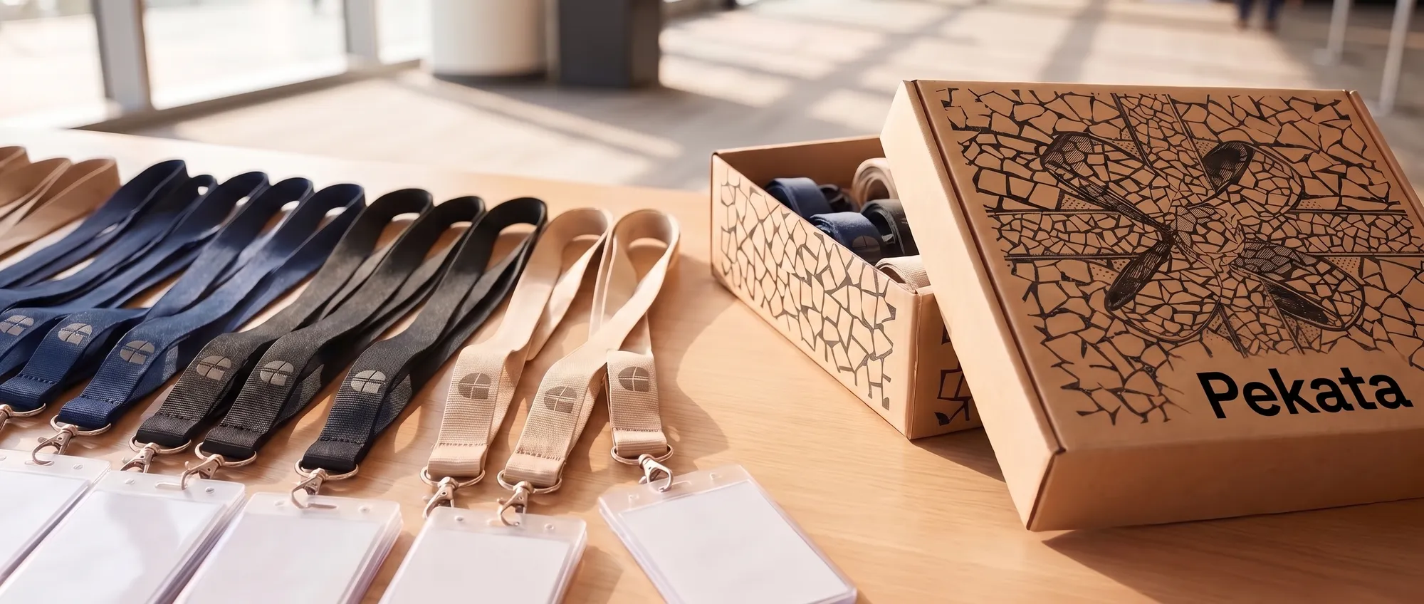 Lanyards en tissu avec le logo tissé et porte-badges blancs sur la table d'accréditation d'un congrès, à côté d'une boîte Pekata