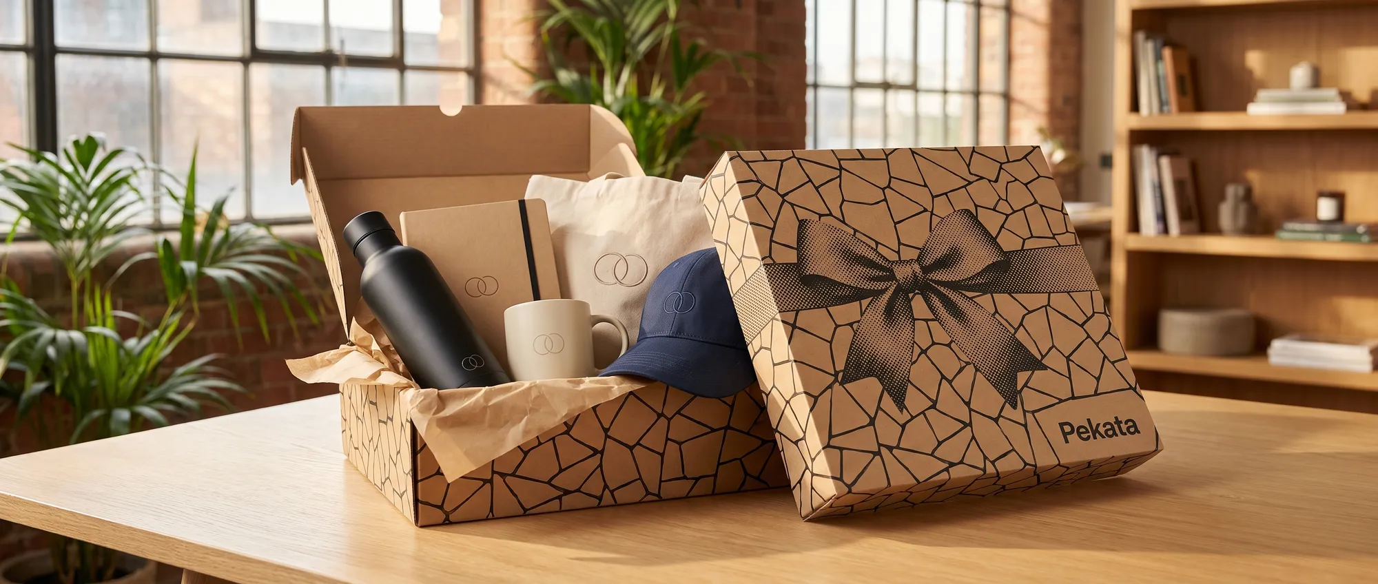 Fles, notitieboek, mok, tote bag en pet met hetzelfde bedrijfslogo naast een open Pekata-doos op een kantoortafel