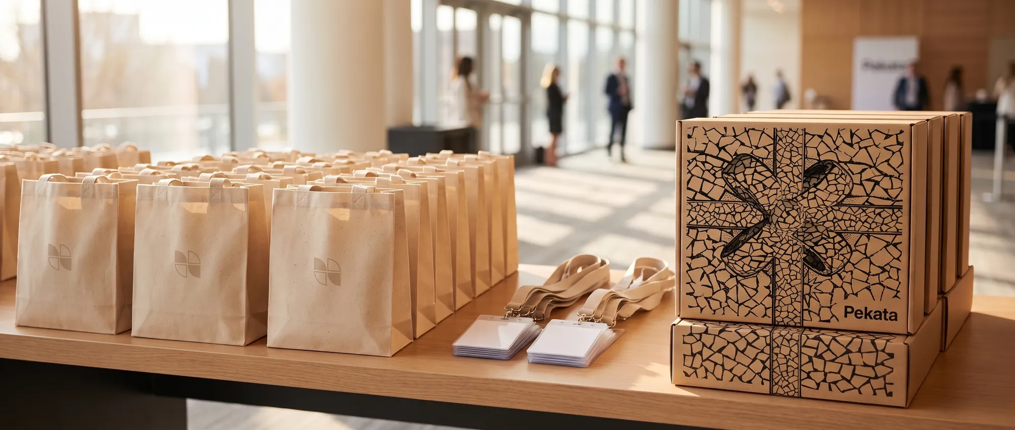Company convention registration table with goodie bags, lanyards, and stacked Pekata boxes