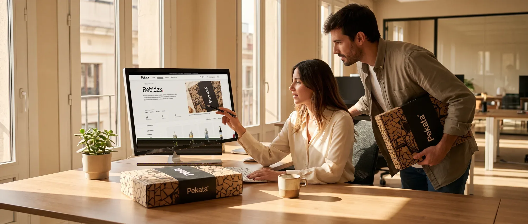 Two people reviewing the Pekata gift portal in an office with a box on the table