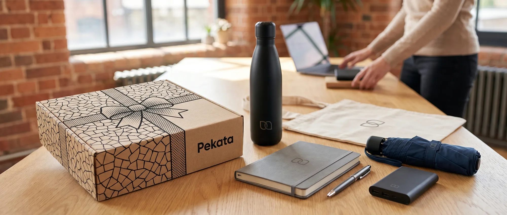 Selectie van promotionele geschenken met hetzelfde logo op een marketingtafel naast een Pekata-doos
