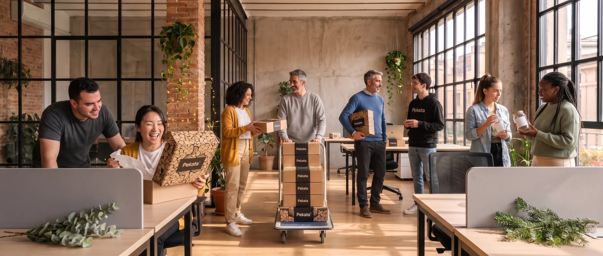 Werknemers ontvangen Pekata geschenkdozen in een modern kantoor