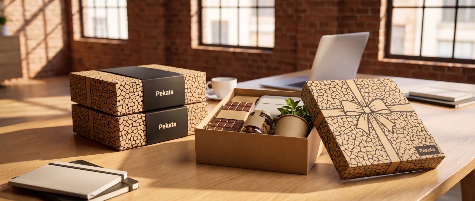 Open Pekata-relatiegeschenkdoos op een bureautafel met twee gesloten dozen erachter