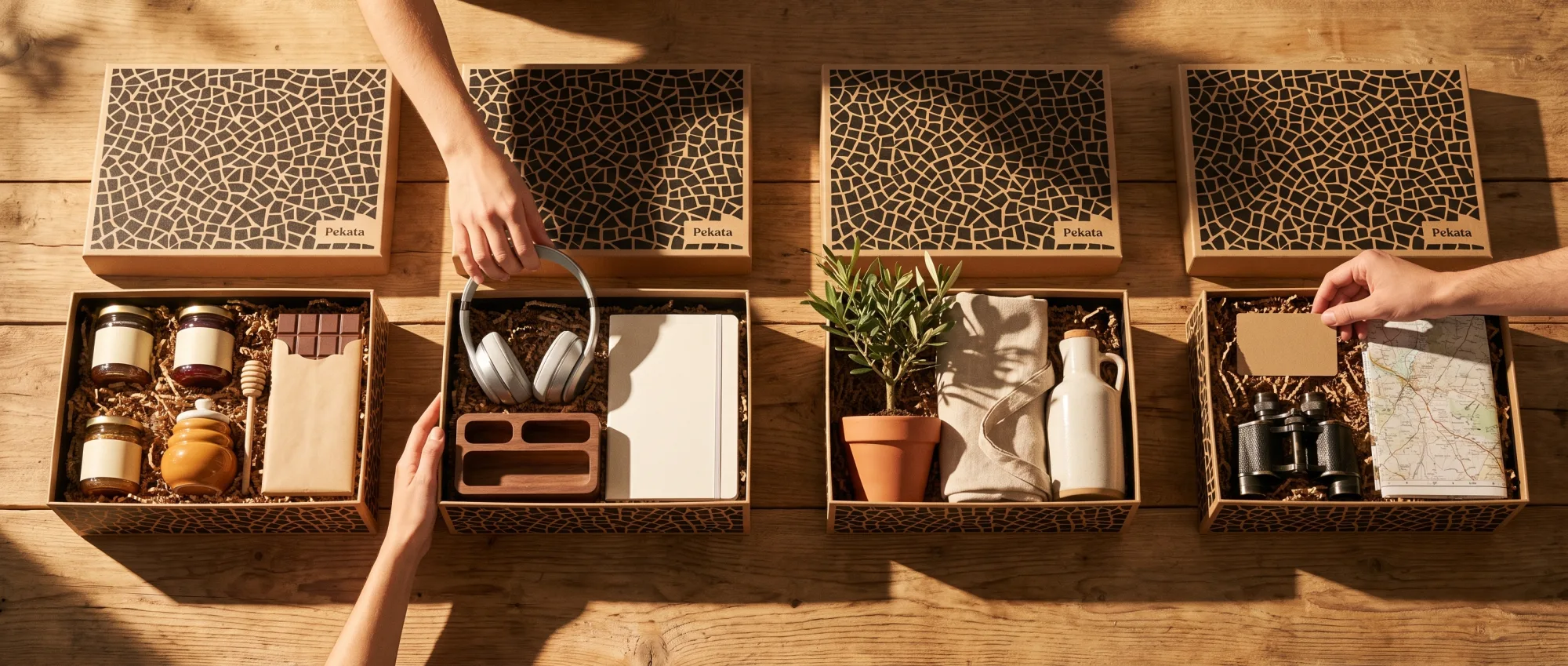 Four open Pekata gift boxes with different contents: gourmet, technology, plants and travel
