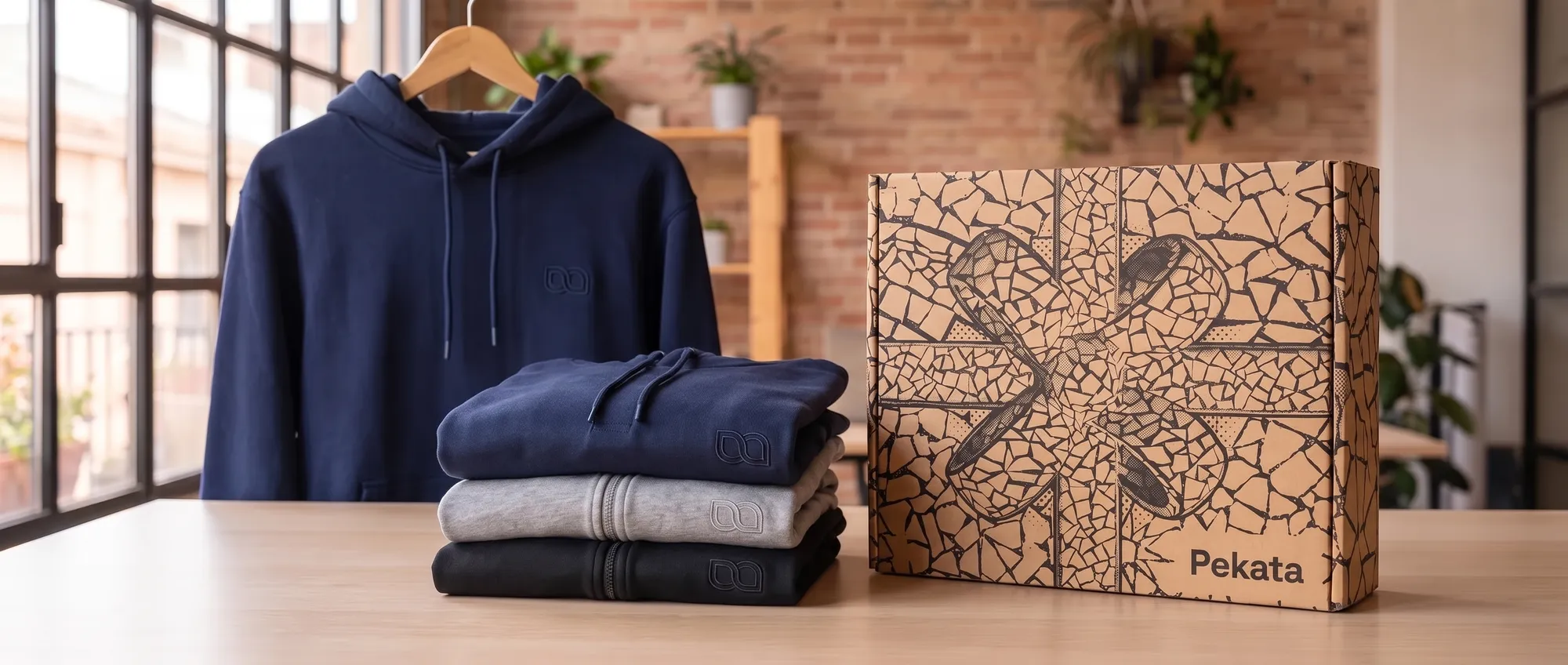 Grijs gemêleerde hoodie met het bedrijfslogo geborduurd op de borst