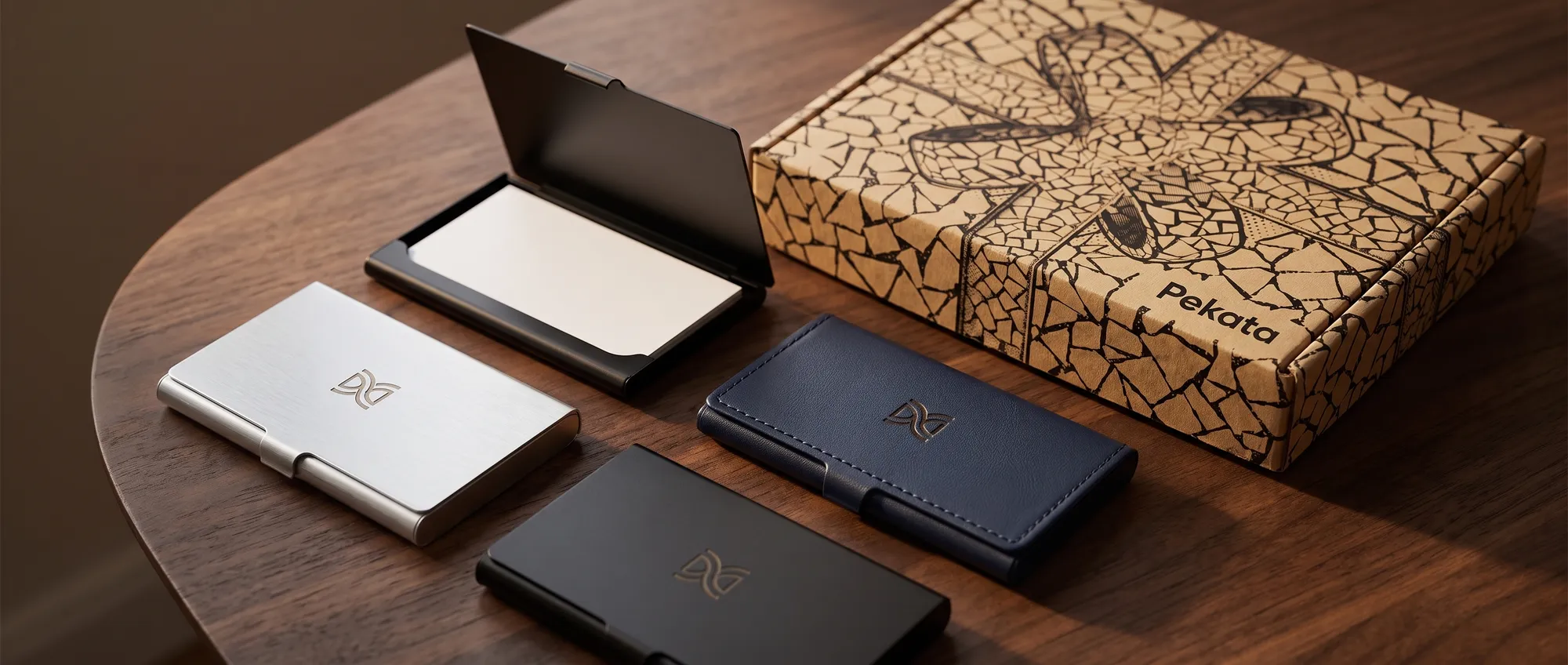Aluminium business card holder with a company's laser-engraved logo next to business cards