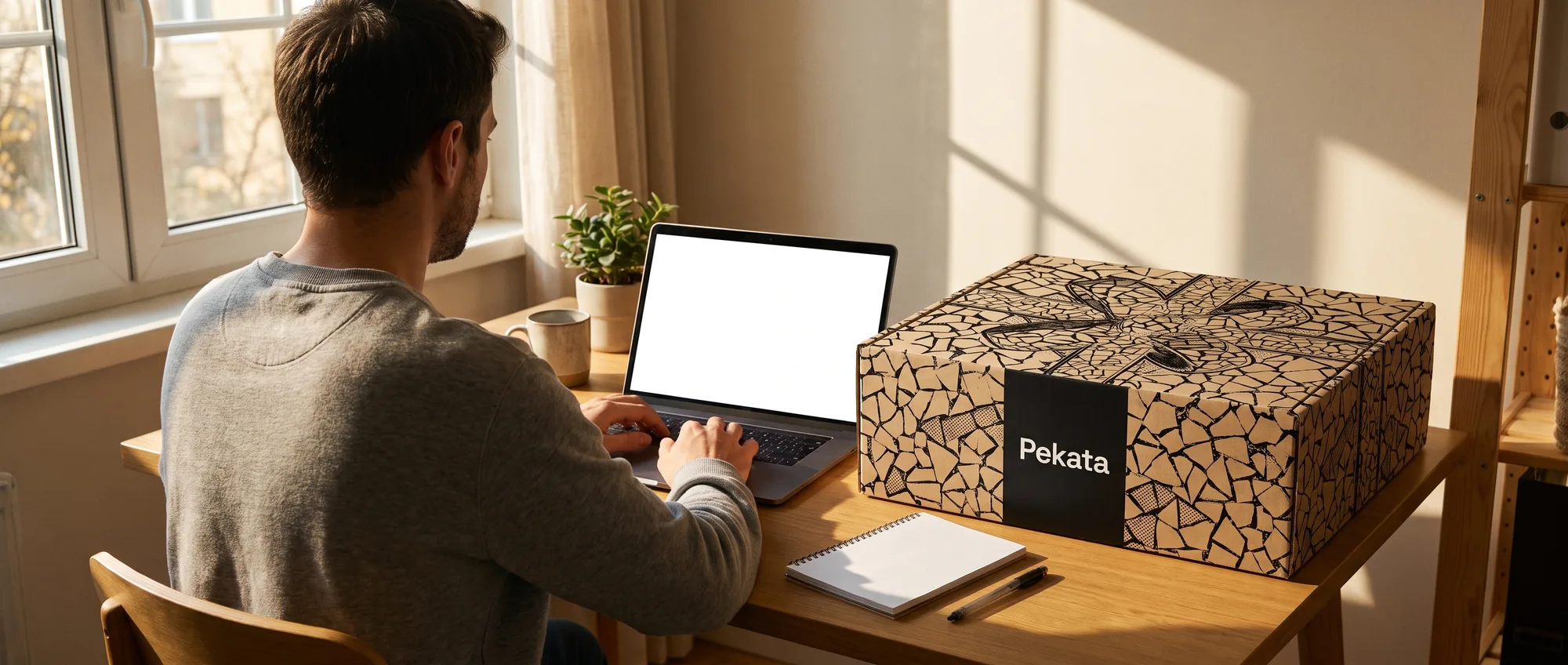 Person at their home desk with a laptop and a newly delivered Pekata gift box with trencadís pattern