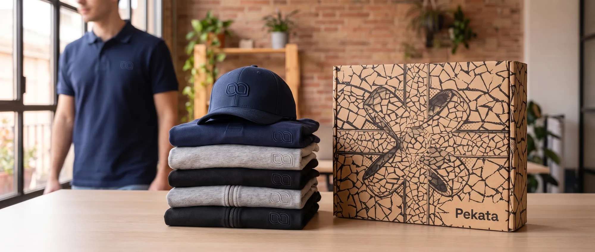 Stapel bedrijfst-shirts, polo's en hoodies met geborduurd logo naast een Pekata-doos
