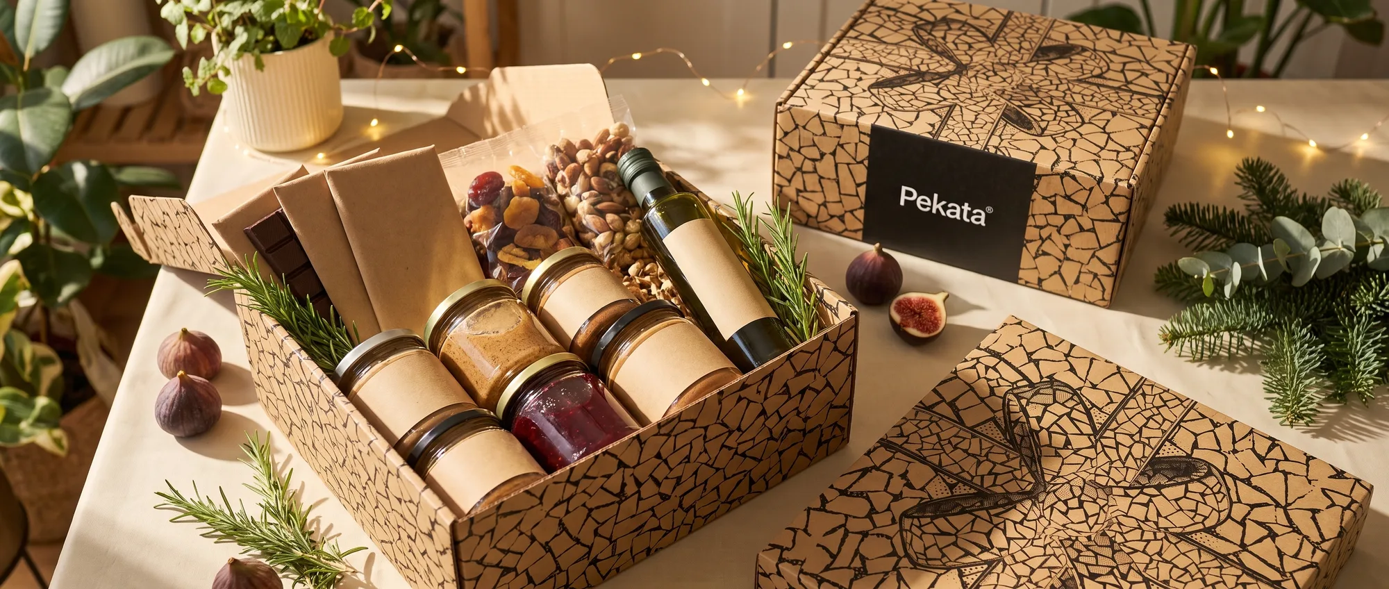 Open Pekata Christmas gift box with plant-based preserves, chocolate, and olive oil on a light table