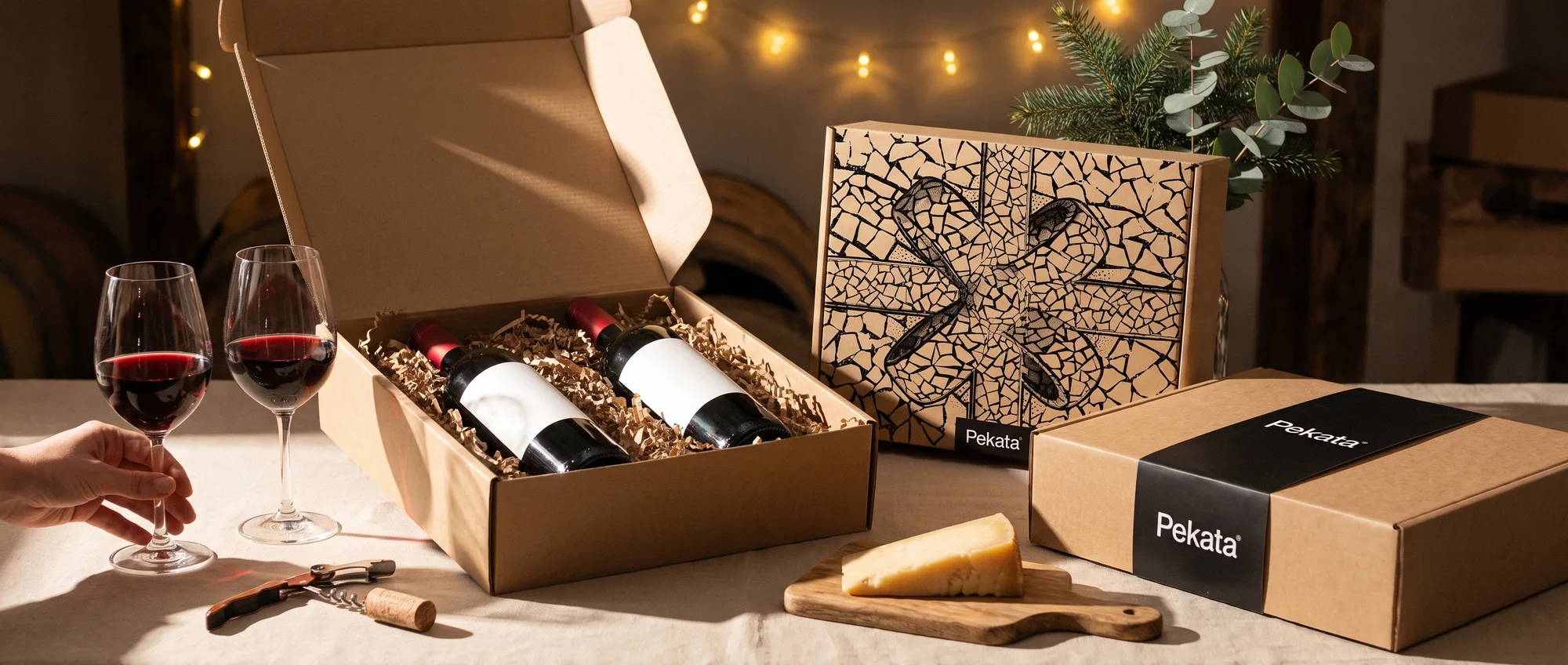 Boîte de colis de Noël Pekata ouverte avec deux bouteilles de vin, des verres et une planche de fromage sur une table en bois