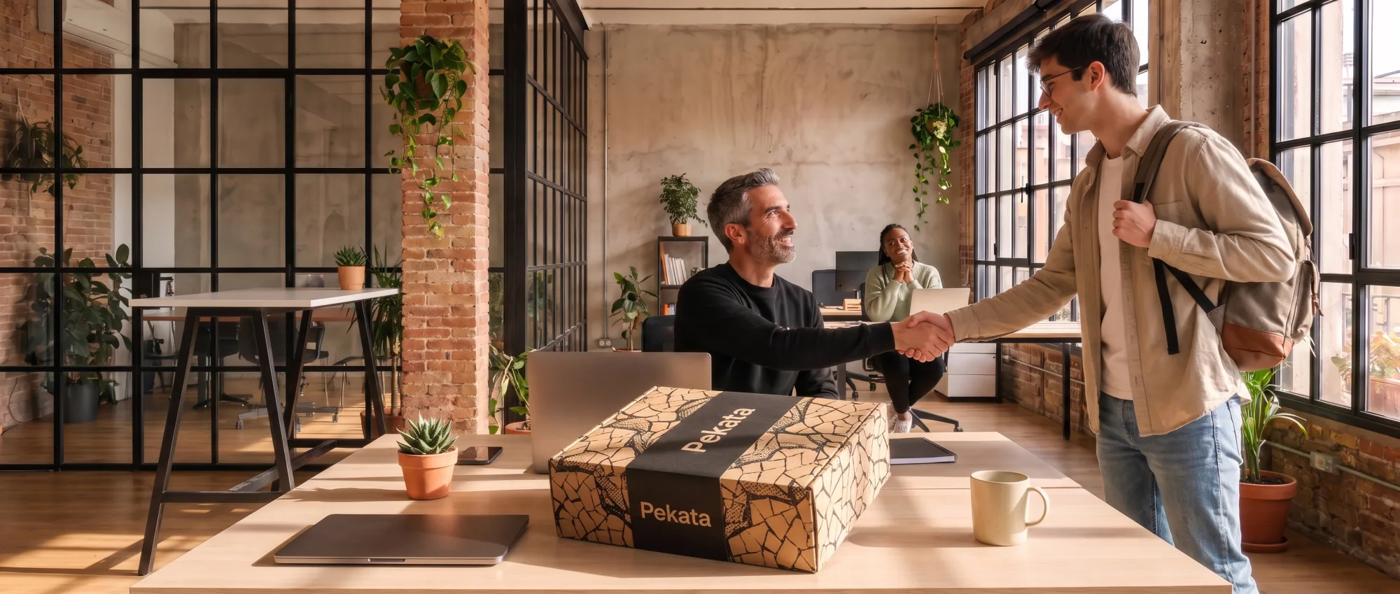 New employee receiving a Pekata welcome box on their first day at work